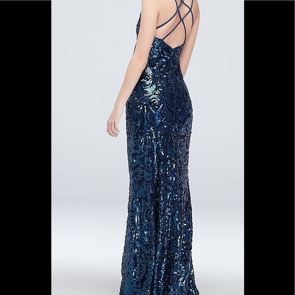 Long gown Formal dress sequin covered gown open back body con shimmering blue - Picture 2 of 9